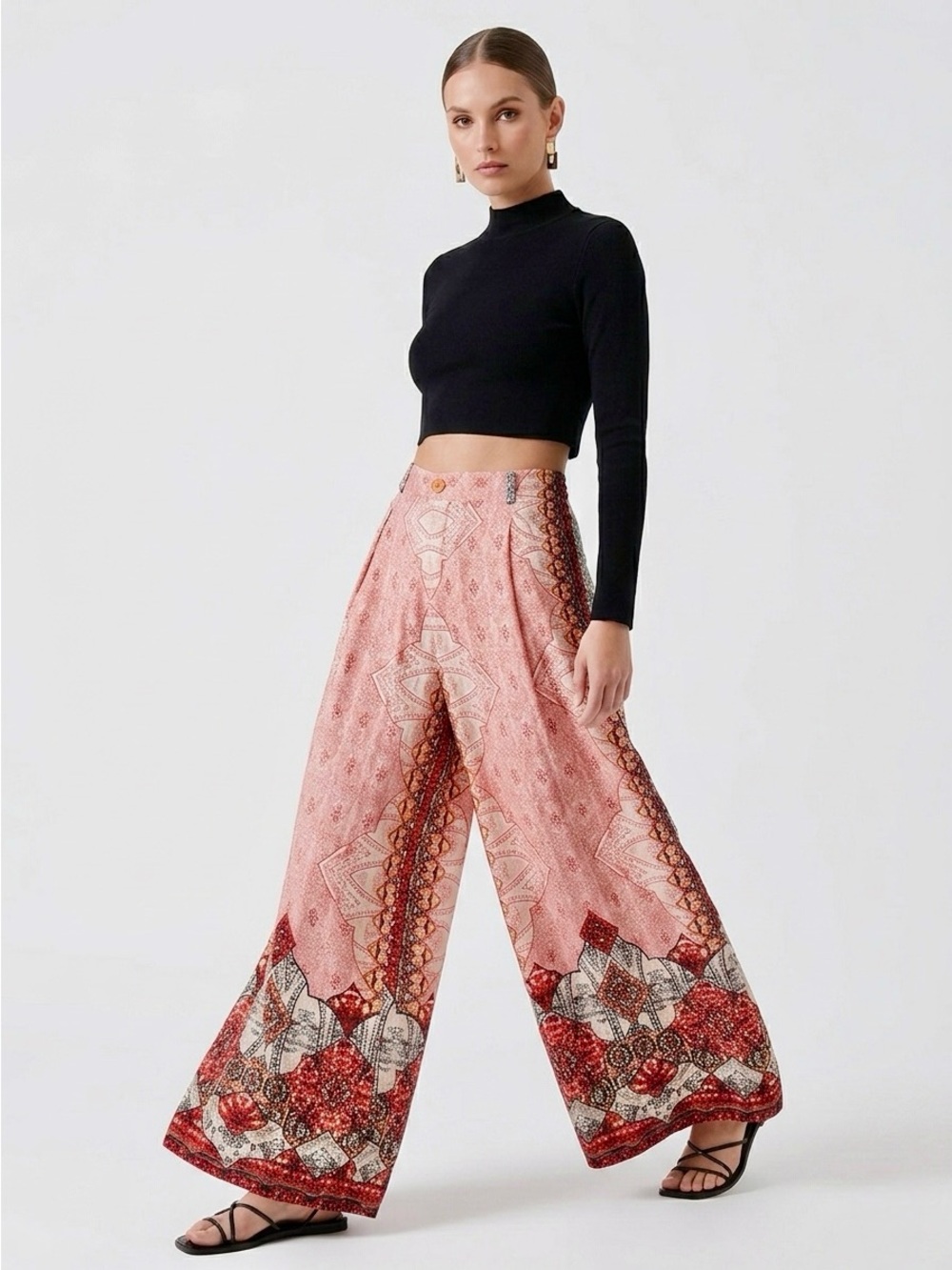 V CRISTINA Boho Flowy Paisley Patterned Wide-Leg Palazzo Pants w POCKETS!!